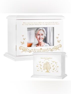 White Memorial Photo Urn Box with Gold Accents - In Loving Memory